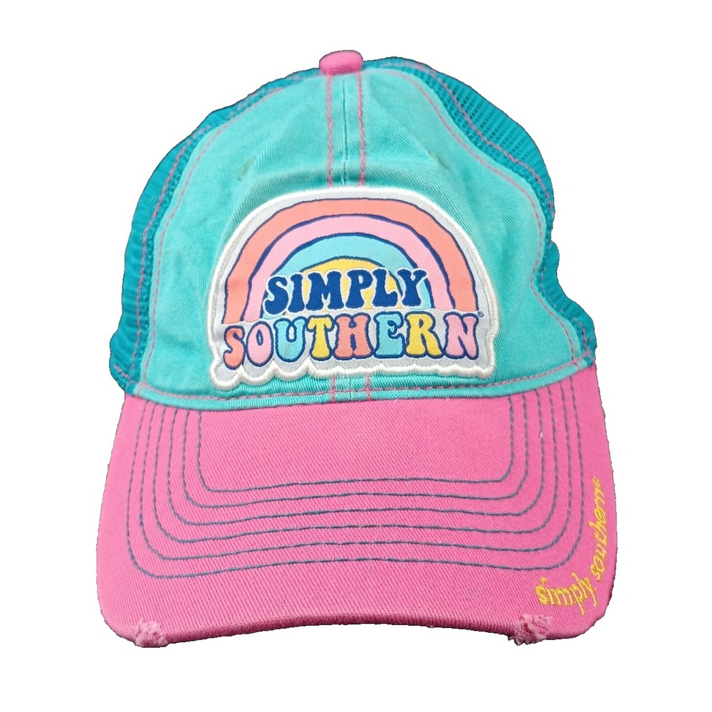 Simply‎ Southern Hat Womens Adjustable Pink Green Mesh Rainbow Snapback Logo